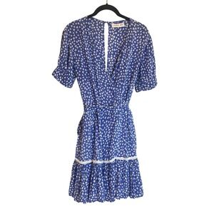 Faithfull the Brand Blue White Floral Star Wrap Mini Dress Lace Trim Size 6